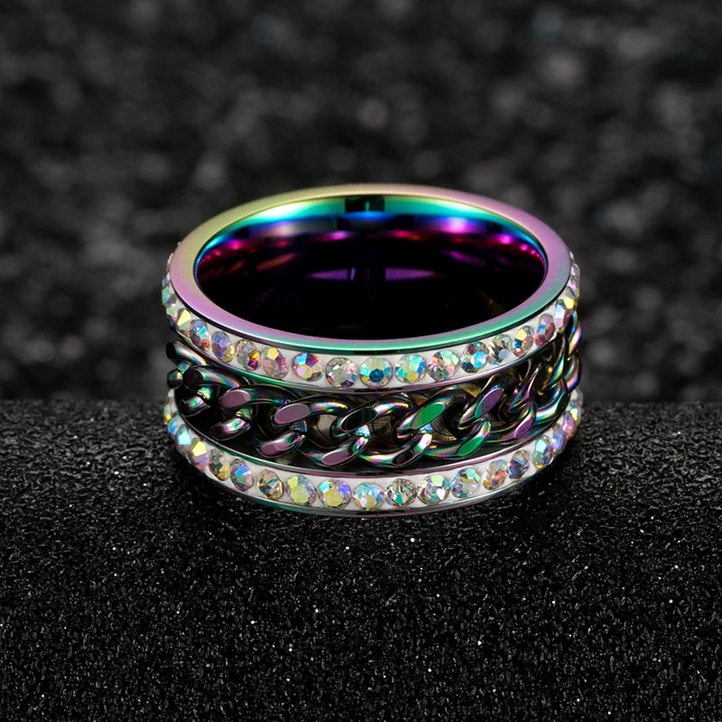 Радужное Ювелирное кольцо цепь из нержавеющей стали с циркониевым камнем кольцо для мужчин многоцветное черное Золотое кольцо для вечеринки в стиле панк