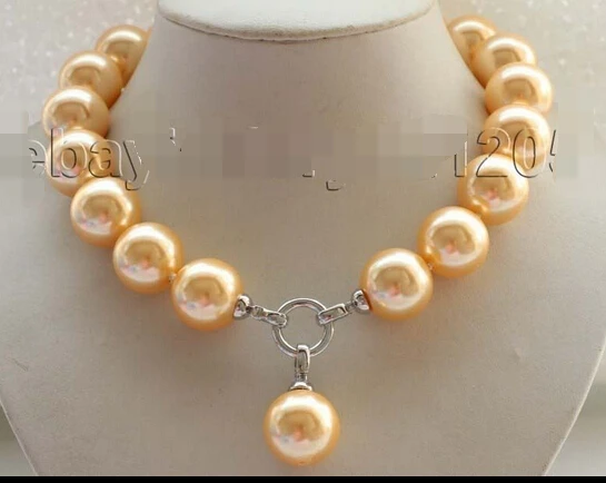 

17.5" Genuine Natural 20mm Golden Round Shell Pearl Necklace pendant AAA style Fine Noble real Natural free shipping