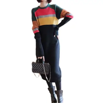 

2019 New Spring Autumn Winter Women Long Sleeve O Neck Block Striped Knitted Casual Warm Dress Contrast Color Elegent Dress X86