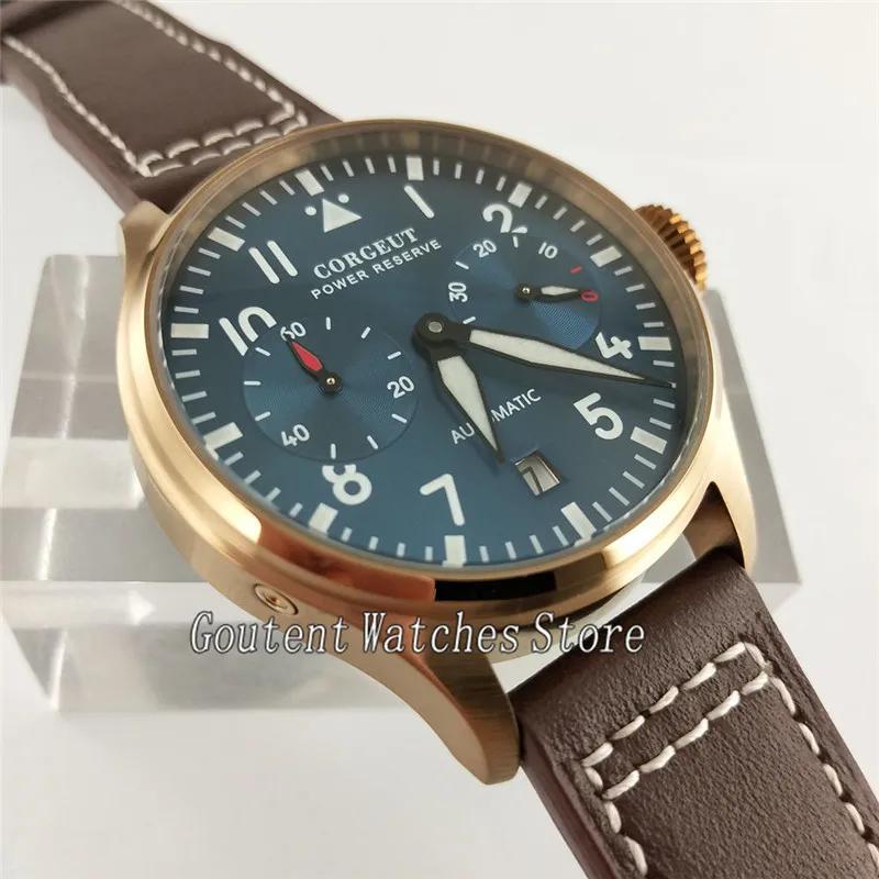 Corgeut 42 мм синий циферблат коричневый кожаный ремешок автоматические мужские часы 2700