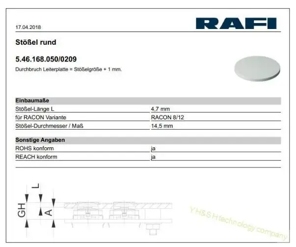 [VK] RAFI Кнопка крышка RACON 8/12 переключатель Крышка резиновая пробка 5.46.168.050/0209 высота 4,7 мм белый