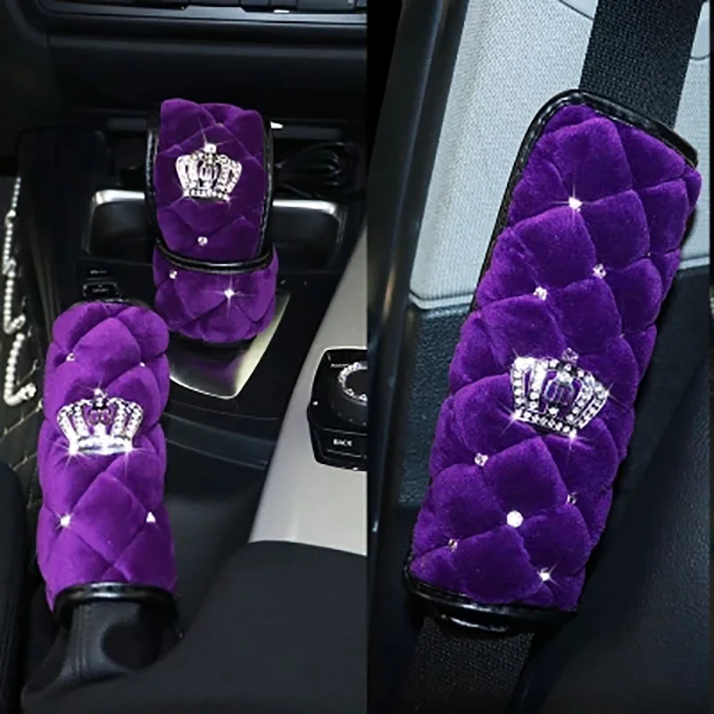 

Diamond crown short plush car seatblet cover gear shifter hand brake covers sets girls interior accessories seat belts padding