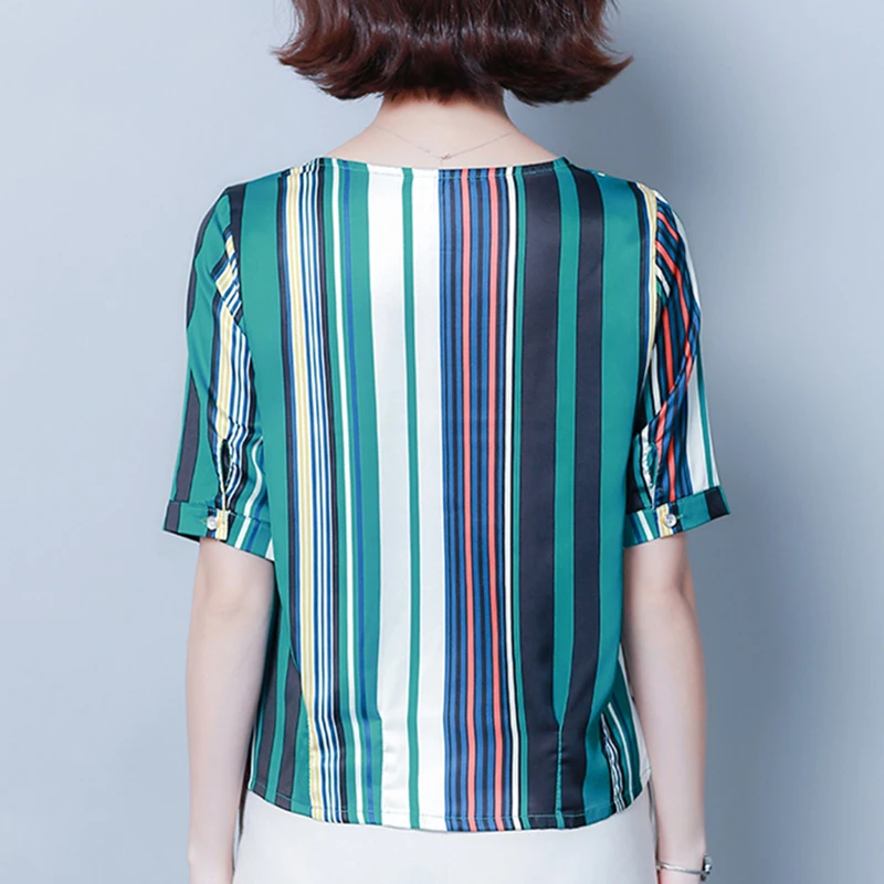 Korean Fashion Womens Tops and Blouses Silk Women Blouse Striped Women Short Sleeve Shirts Plus Size XXXL/4XL Ladies Tops - 33000153519