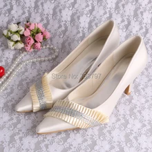 Women Pumps High Heel Evening Shoes for Women Med Heeled Wedding Shoes Pointed with Jewelry