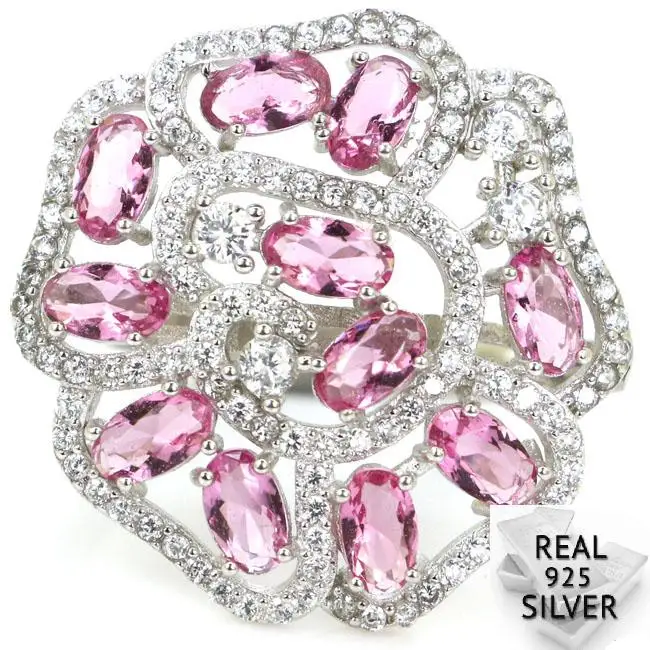 

4.7g Real 925 Solid Sterling Silver New Designed Pink Tourmaline CZ Woman's Rings US 7.5# 25x24mm