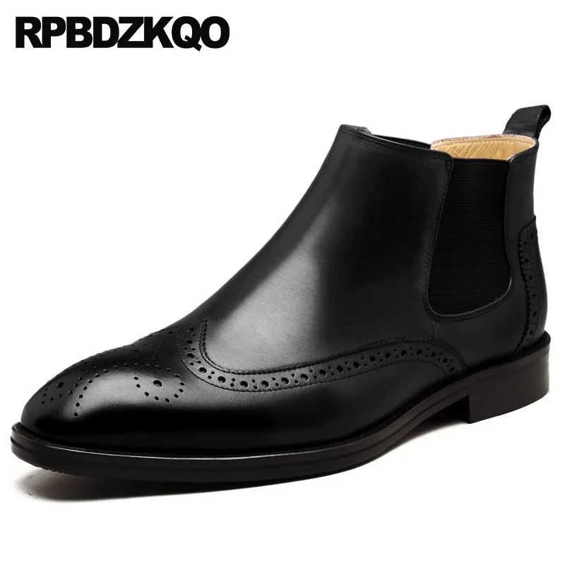 

Winter Party Full Grain Leather Booties Fur Black Chelsea Wingtip Shoes High Top Brogue Mens Pointed Toe Dress Boots Real Formal