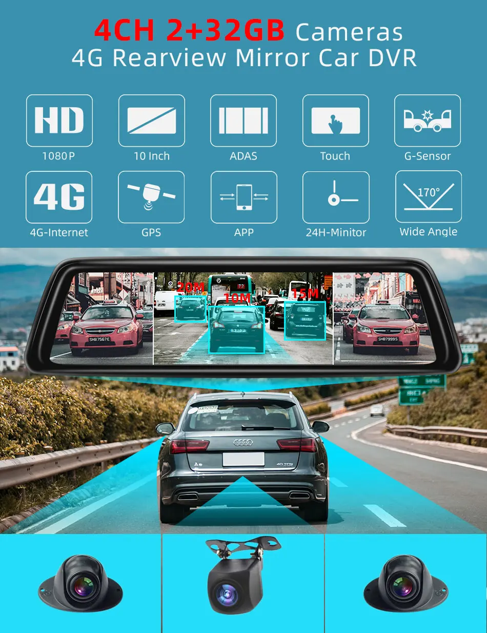 Anstar 1" 4G зеркало заднего вида автомобиля dvr 2+ 32GB 4CH камеры Android 5,1 видео регистратор ADAS gps авто регистратор видеорегистратор