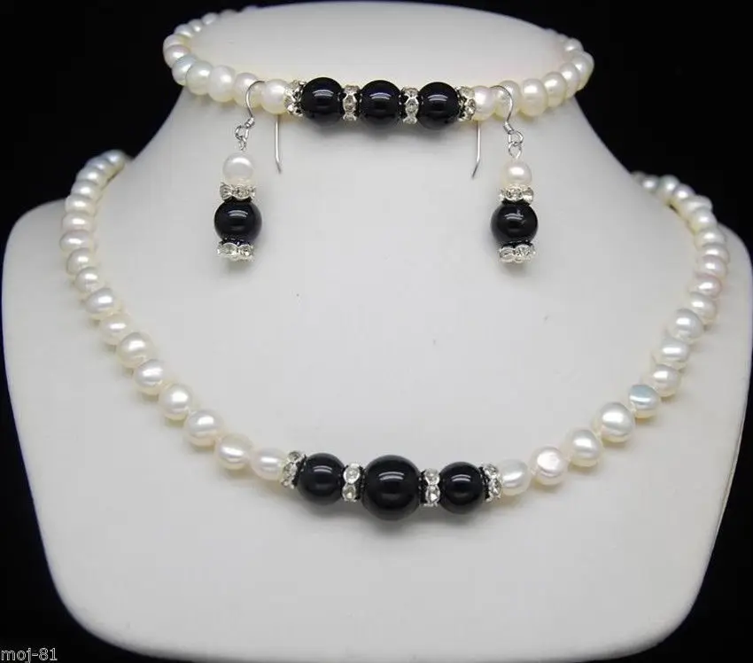 

Hot sell Noble- hot Fast shipping + Genuine 7-8mm White Freshwater Pearl Black Agate Necklace Bracelet Earrings Set (A0516)