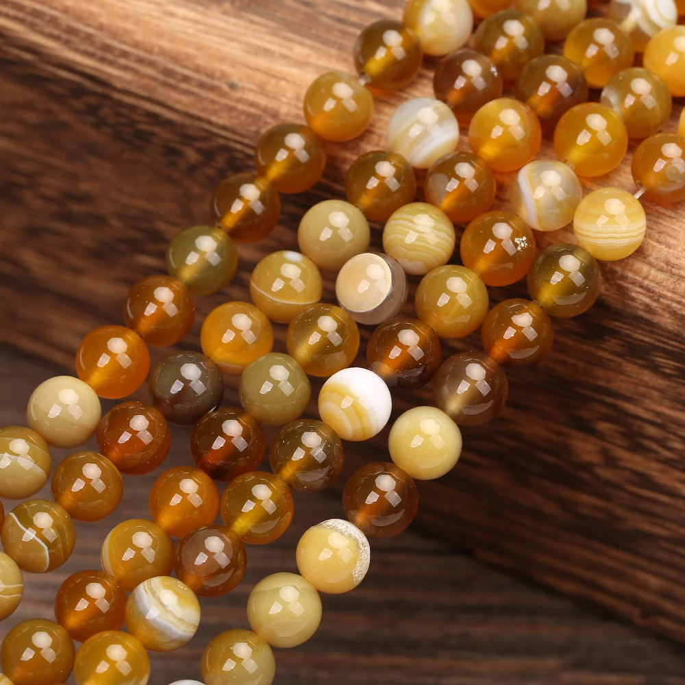 

KANGKANG charm Natural Stone Bead For Jewelry Making Light Brown Stripes Onyx Agat DIY Bracelet Necklace 4 6 8 10 12 mm 15''