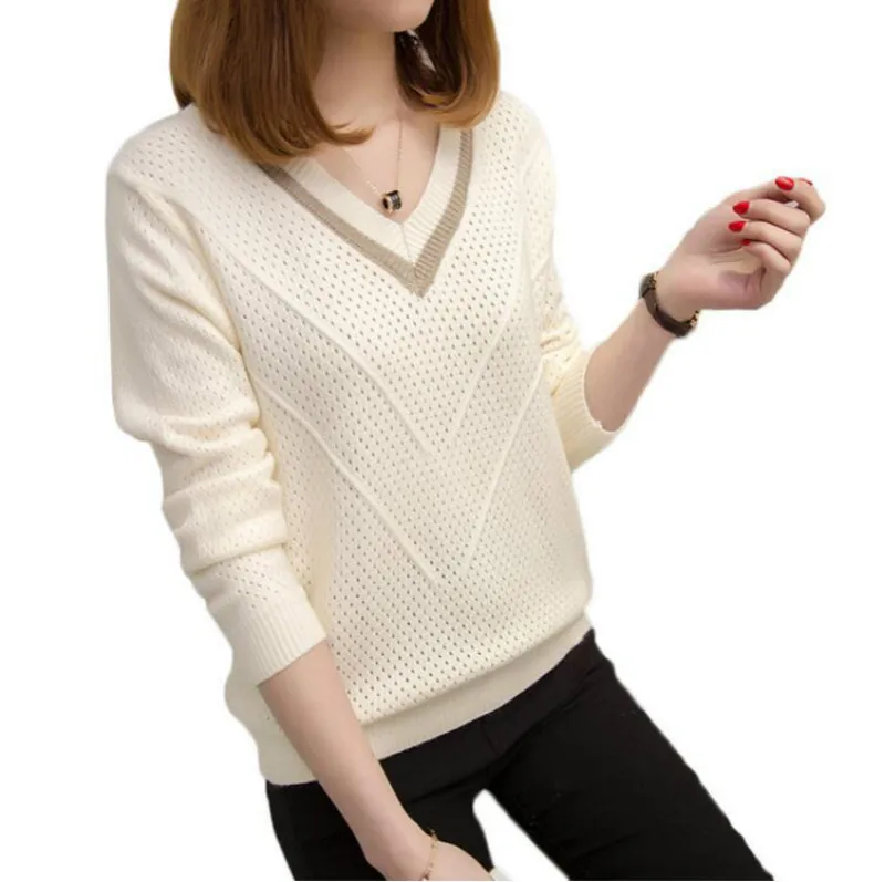 Women sweaters and pullovers Spring Autumn Korean hollow sweaters womens loose knitted sweater female v-neck pullover tops