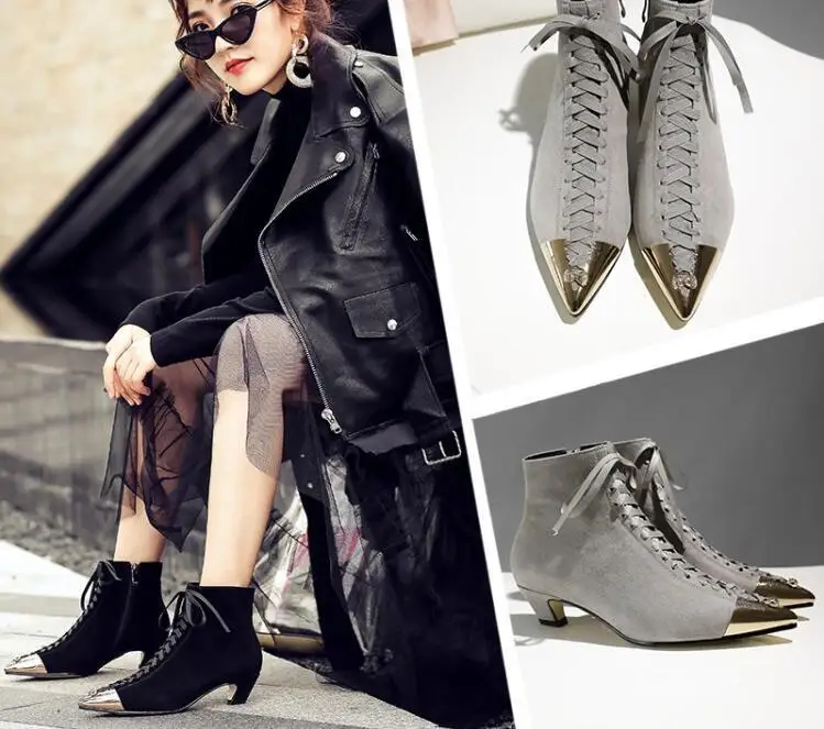 

Women Shoes Kitten Low Heels Pointed Mental Rhinestone Toe Lace Up Boots C170