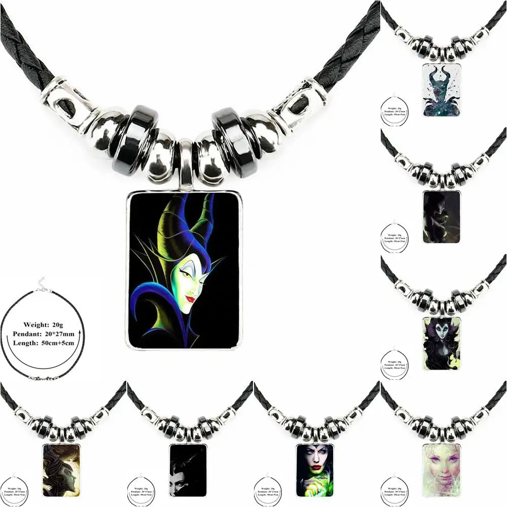 

Nice Handle Maleficent For Women Girls Handmade Harajuku Jewelry Black Leather Bead Pendant Glass Cabochon Choker Necklace