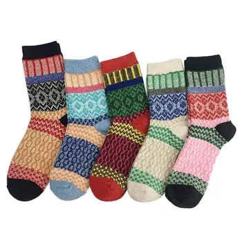 

Unisex Socks Thicken Warm Rabbit Wool Long Crew Socks Striped Geometric Print Colorful Ethnic Style Ribbed Knitted