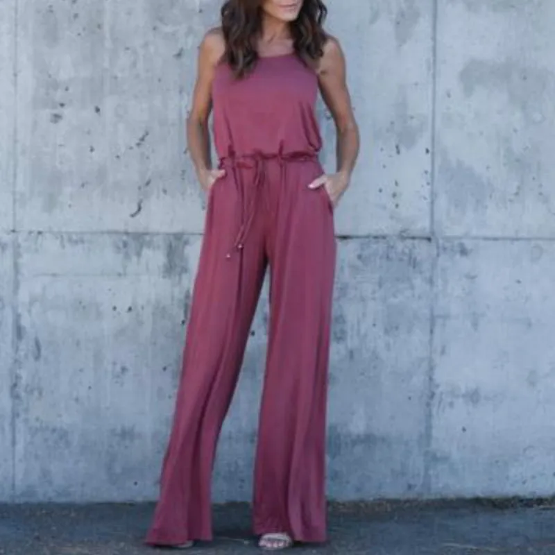 New Summer Casual Women Ladies Party Strappy Jumpsuit Sleeveless Romper Fashion Loose Long Jumpsuits Solid Color Outfits | Женская