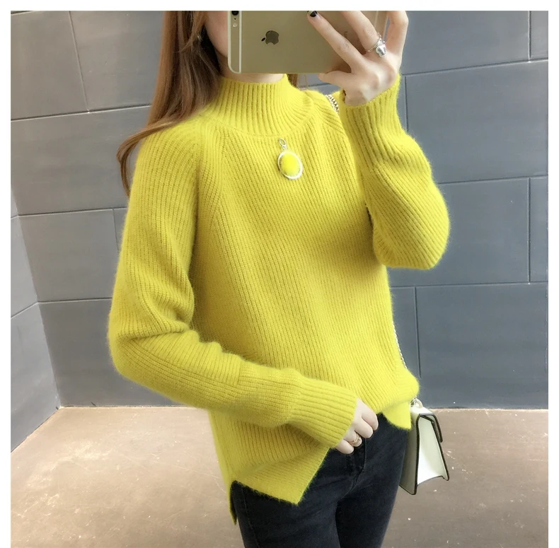 Autumn Winter Thick Women Sweaters Korean Loose Turtleneck Solid Pullovers Side Split Knitwear Chaquetas Invierno Mujer