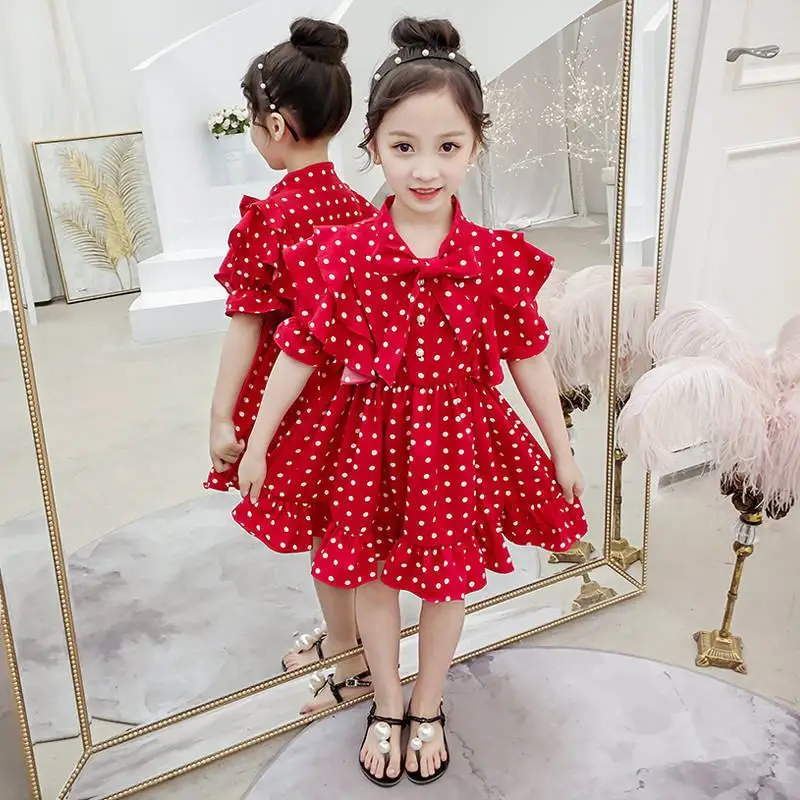 Новая летняя модная детская одежда для девочек; шифоновое в горошек детское платье с оборками и бантом; платья для девочек; Одежда для маленьких девочек, Vestidos, S100