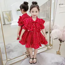 Новая летняя модная детская одежда для девочек; шифоновое в горошек детское платье с оборками и бантом; платья для девочек; Одежда для маленьких девочек, Vestidos, S100