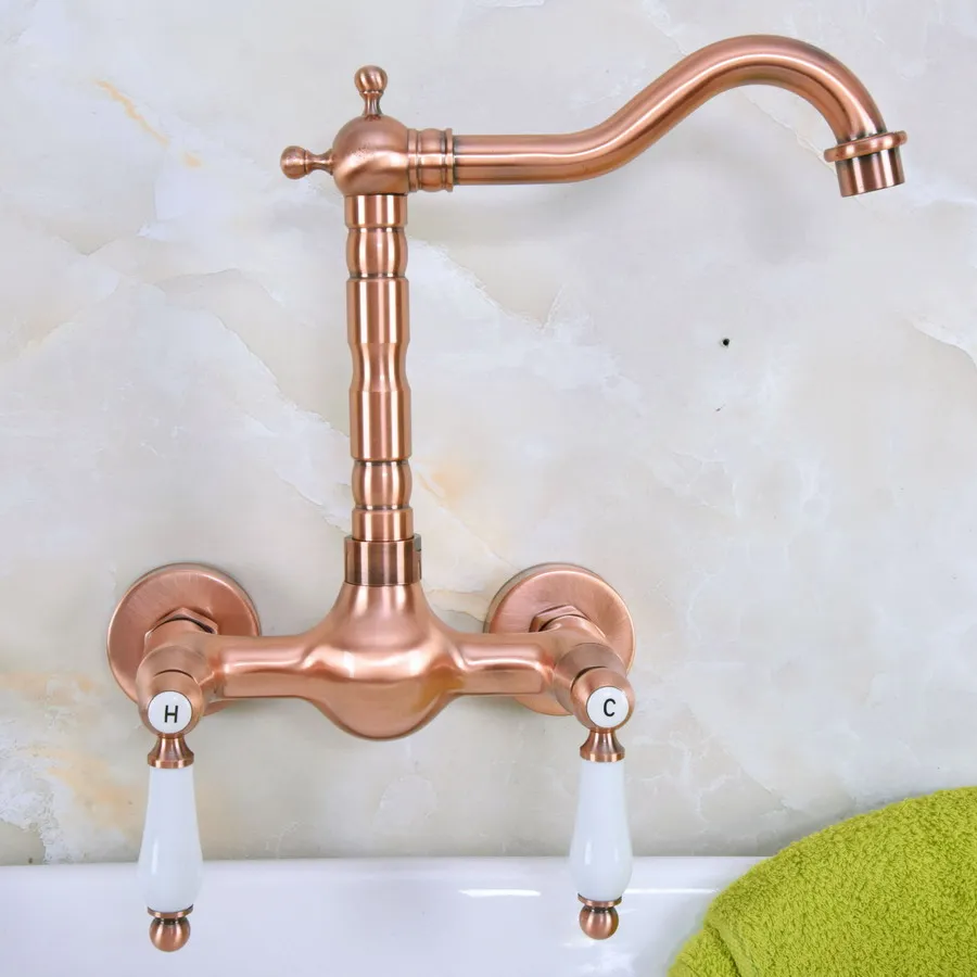 Antique Red Copper Brass Wall Mounted Bathroom Kitchen Sink Faucet Swivel Spout Mixer Tap Dual Ceramics Handles Levers anf948