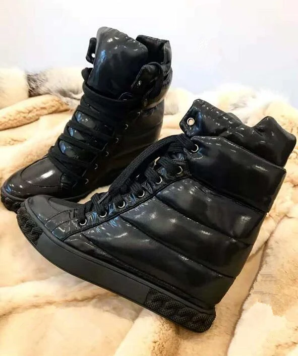 

Winter New Fashion Ladies Increased Heel Casual Shoes Down Style Lace Up Women's Vulcanize Shoes Round Toe Black Shoes Size 41