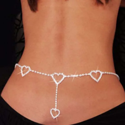 

Sparking Silver Rhinestone Crystal Belly Waist Lower Back Chain Sexy Four Hearts Belly Chains For Belly Dance Prom Body Jewelry