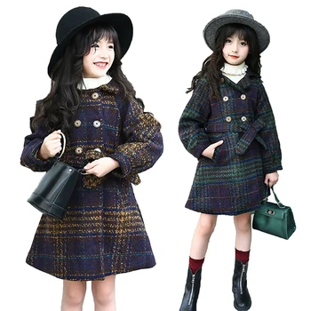 

New autumn winter teenage girls outwear plaid woolen jacket coat for girl trench coat kids children outwear tops girls clothes