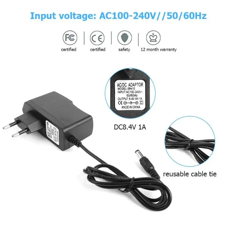 

Battery Charger Power Adapter DC 8.4V 1A Output 5.5x2.1mm Li-ion Charger for 7.4V-8.4V 18650 Li-ion Battery Charging EU/US Plug