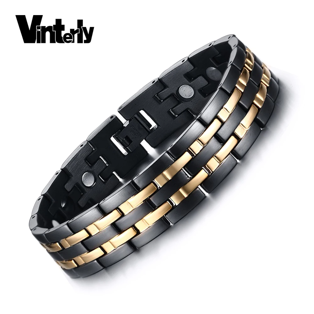 Vinterly здоровья Мужская ручная цепь черный двухрядный золотой цвет био магнитный браслет 15 мм широкая нержавеющая сталь браслеты для мужчин