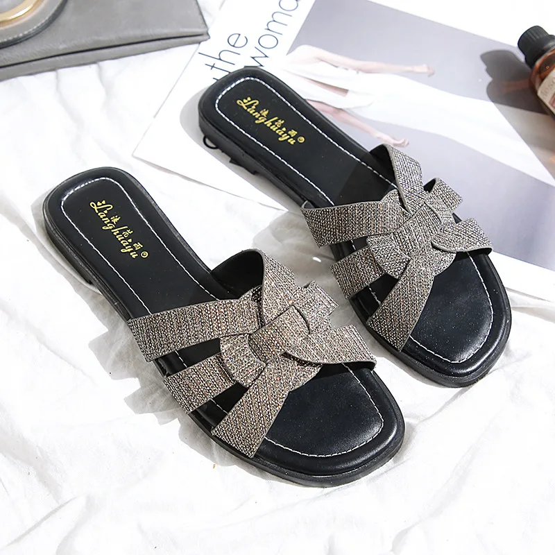 

weave pattern flat sandals women glitter cutout slippers 34-43 plus size flip flops ladies beach shoes sequined sandalias y439