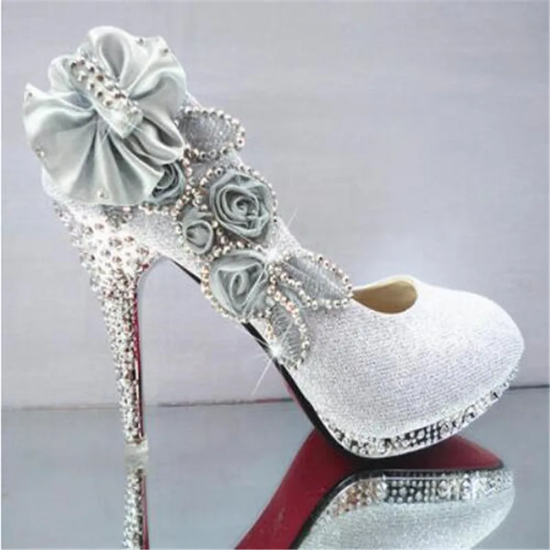 

9cm fashion shiny crystal wedding shoes red bride thin section high heels shallow mouth bridesmaid shoes silver bow shoes