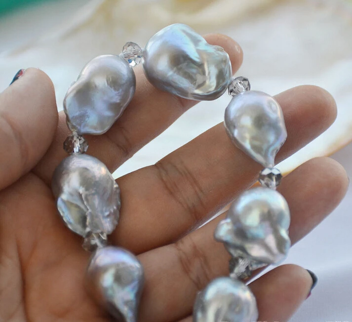 

Free shipping@@@@@ z6313 BIG 24mm GRAY BAROQUE KESHI REBORN PEARL crystal NECKLACE 21inch