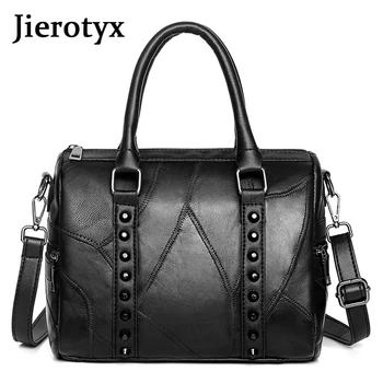 

JIEROTYX Pure Black Female Handbag High Quality Leather Lady Satchel Handbags Messenge Shoulder Bags Luggage Travel Bags