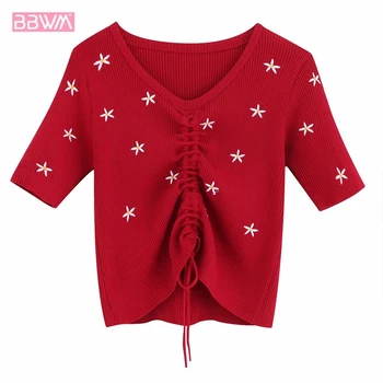 

Summer 2019 new Korean version V-neck Female sweet college wind knit drawstring flower embroidery fashion wild shirt women