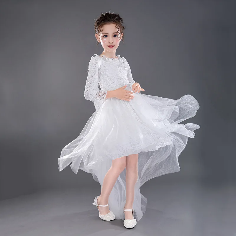 

Princess Flower Girl Dress For Wedding Party High Quality Bridesmaid Kids long sleeve Trailing Lace Tulle White long tailing