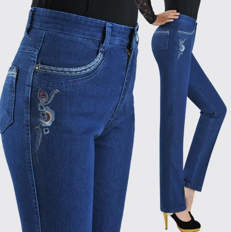 Для женщин среднего возраста с высокой талией эластичные прямые джинсовые брюки большой размер элегантный мать повседневные джинсы r1321