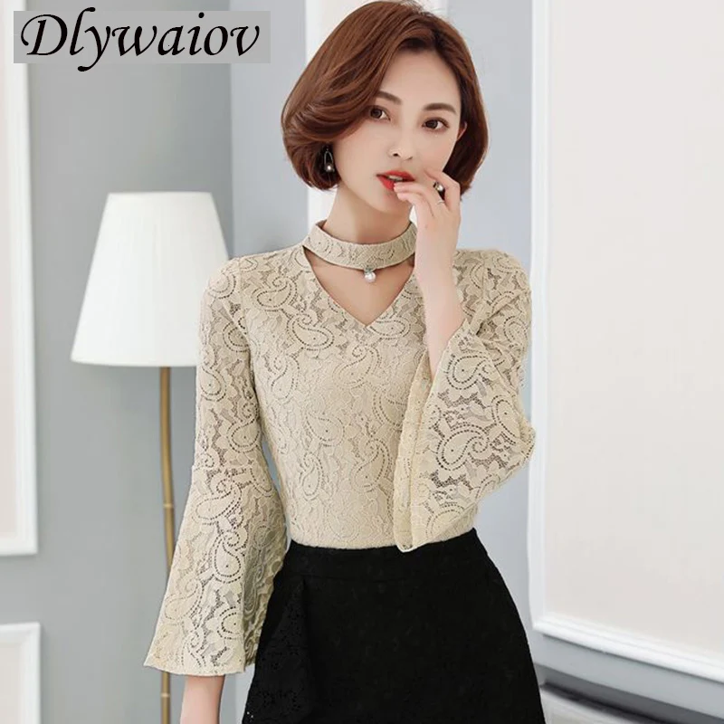 

Lace Long Sleeve Women tops Autumn Spring Lace Hollow Sexy Horn Sleeve V collar Sleeve Elegant Pure color Large Size Female Tops