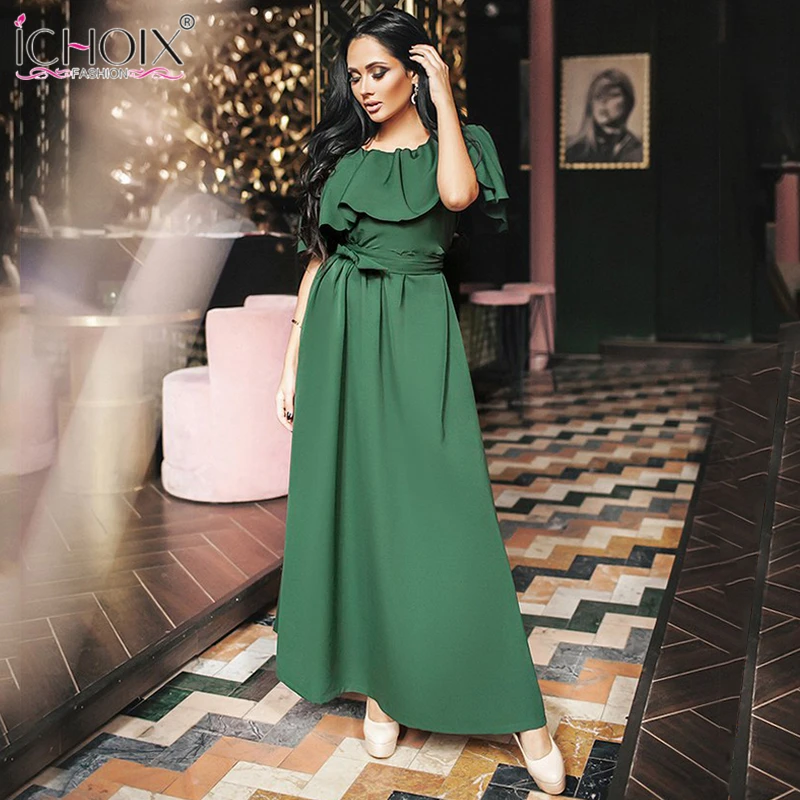 

Elegant Summer Long Dresses Women Sexy Ruffles Maxi Dress Off Shoulder Party Green Floor Length Dress boho Vestidos Verano 2019
