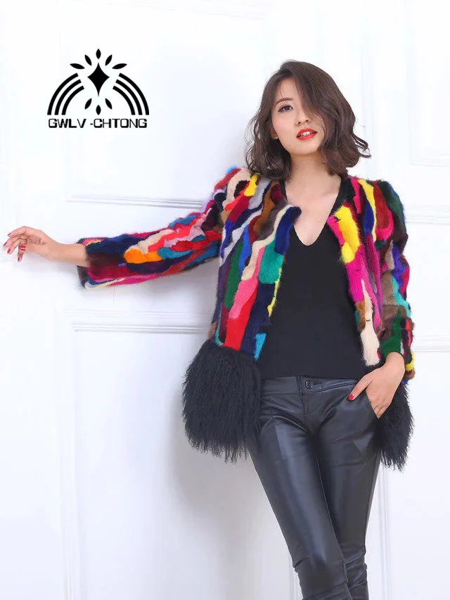 

New Natural genuine real Mink Fur coat Women's fashion multi-color colorful All-match jacket with lamb fur hem