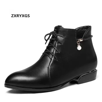 

ZXRYXGS Full Cowhide Woman Spring Boots Pointed Pearl Leather Boots 2020 New Warm Winter Boots Fashion Casual Low Heel Boots