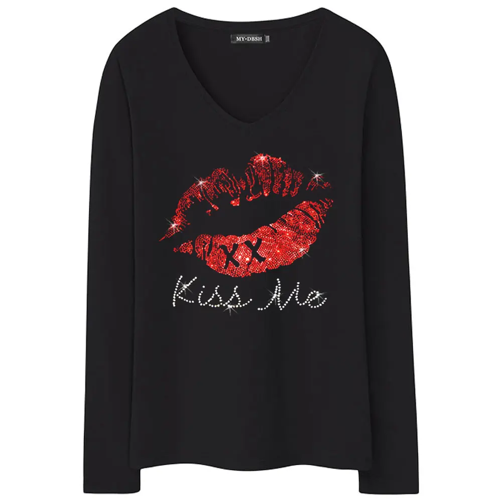 Новинка, летняя футболка со стразами и надписью Kiss Me Lips, новые модные женские футболки с длинным рукавом, женская одежда, хлопковые футболки - Цвет: T001-V-Black