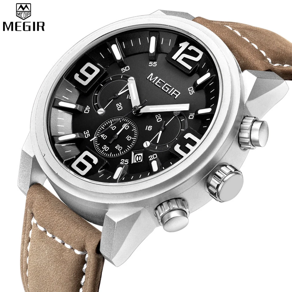 MEGIR Chronograph Quartz Watches Military Men Genuine Leather Casual Multifunction Digital Waterproof Watches Relogio Masculino
