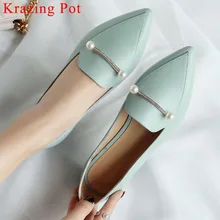 Krazing Pot/сшитые вручную Кожаные Туфли-оксфорды из натуральной кожи на низком каблуке без застежки; балетки с острым носком и застежкой-жемчугом; обувь для вождения; L00