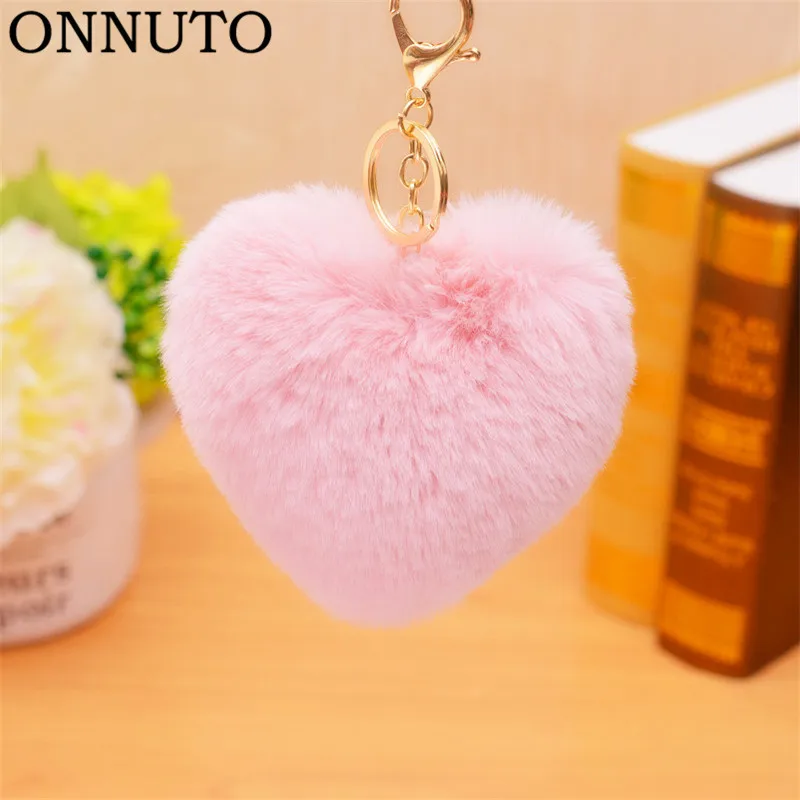 

10-12cm Fluffy Fur pompom Keychain Soft Lovely Heart Shape Pompon faux Rabbit Fur Pom Poms Ball Car Handbag Key Ring Gift