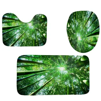

New 4Pcs Home Bathroom Decor Set Bathroom Bamboo Forest Pattern Toilet Seat Cover Bath Mat Set+ Waterproof Shower Curtain