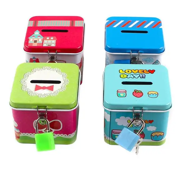 1PC Portable Cute Square Tin Metal Piggy Bank Saving Cash Coin Money
