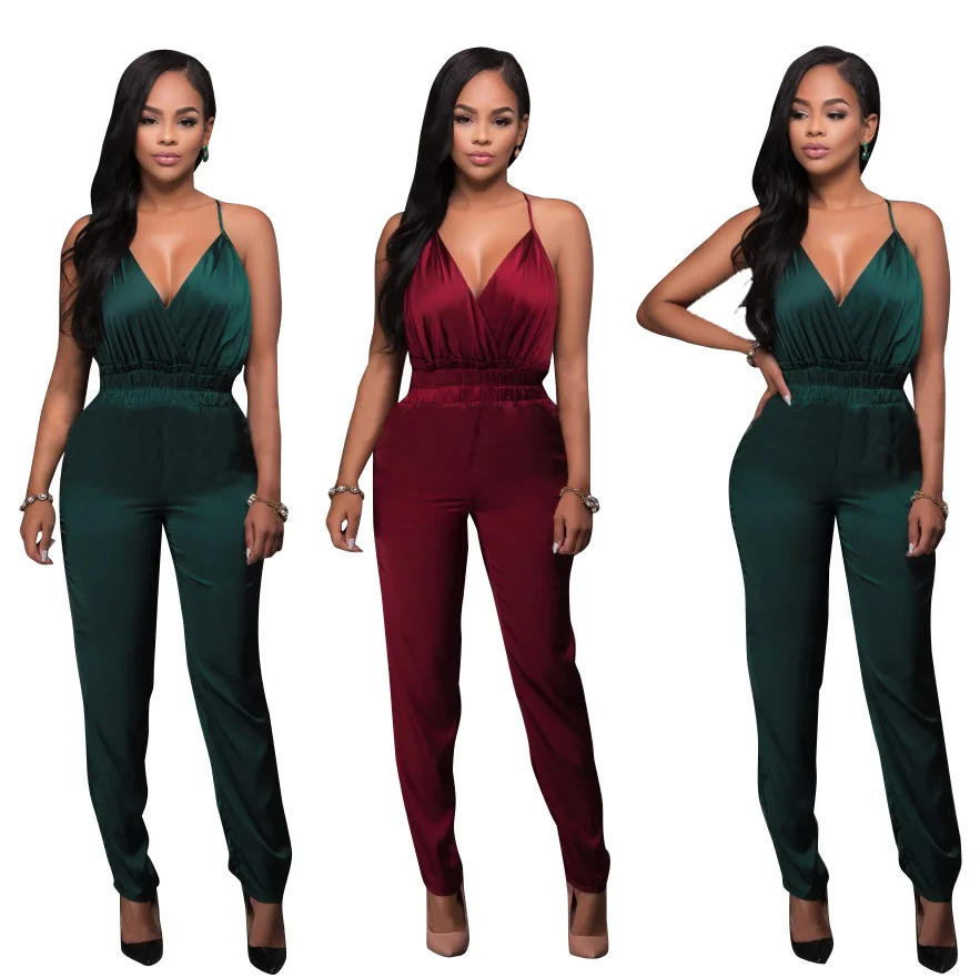 Womens Backless Sexy Sling Jumpsuit Solid Black Single