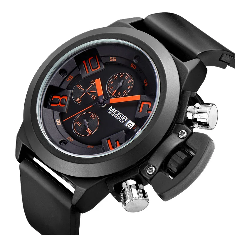 Топ бренд Megir Модные мужские спортивные часы мужские кварцевые хронограф 6 рук 24 часа часы мужские водонепроницаемые военные наручные часы