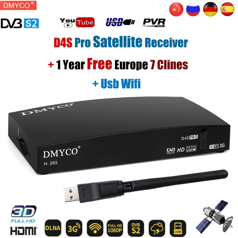 

DMYCO HD D4S Pro DVB-S2 Satellite Receiver With 1 Year 7 cable for Europe +USB WIFI Support Power Vu Biss Key Newcamd Youtube