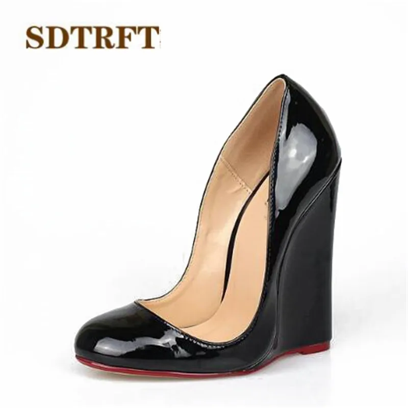 

SDTRFT Plus Size:43 44 45 46 Spring/Autumn Elegant KHAKI bottoms 14cm wedges female high-heeled Shoes woman Patent Leather pumps