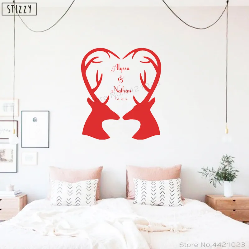 Us 7 62 23 Off Stizzy Wall Decal Romantic Antlers Heart Vinyl Wall Stickers Wedding Personalized Name Year Decals Deer Animal Custom Decor B671 In