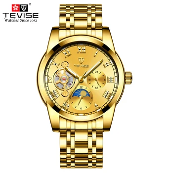 

TEVISE Men Automatic Self-Wind Watch Stainless Steel Bracelet Mechanical Moon Phase Tourbillon Fashion Casual Luxury Wristwatch